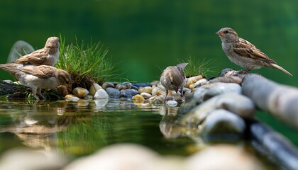 Four young sparrows at the bird watering hole. Czechia. 