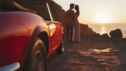 Romantic Couple standing, hugging near red convertible sports car against the backdrop of a beautiful sunset landscape. Young models traveling