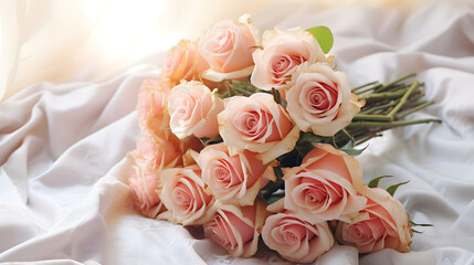 Obraz premium Bouquet of pink roses for the bride at her wedding