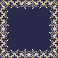 Classic vintage square blue and golden frame with arabesques and orient elements. Abstract ornament with place for text. Vintage pattern