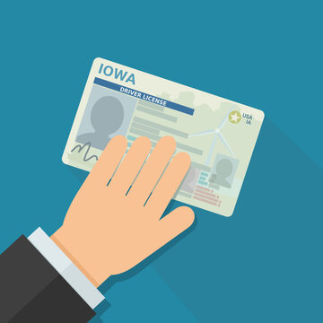 A hand presents a driver's license from the US state of Iowa in flat design style on blue background