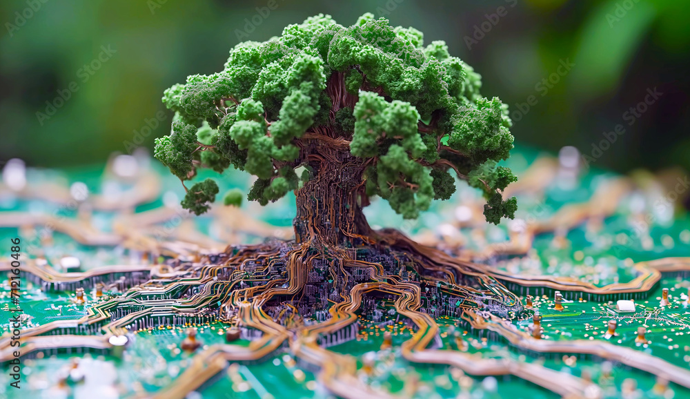 Poster majestic tree with a dense canopy of leaves rises from a complex circuit board, its roots intertwine