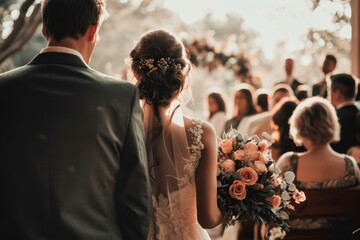 Fototapeta premium Back view of groom and bride at wedding aisle. Wedding with Peach Fuzz color theme decoration. Romantic wedding