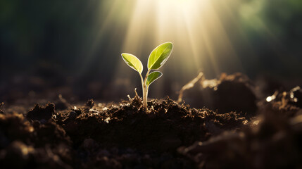 The concept of life in a sprout that breaks out of the ground in the rays of light