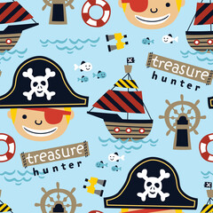 Vector seamless pattern of funny pirate with sailing elements