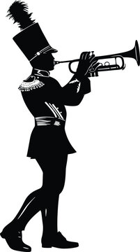 Silhouette marching band wind instrument player full body black color only