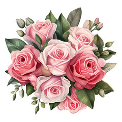 Bouquet of Pink Roses with Green Leaves. AI Generated Image