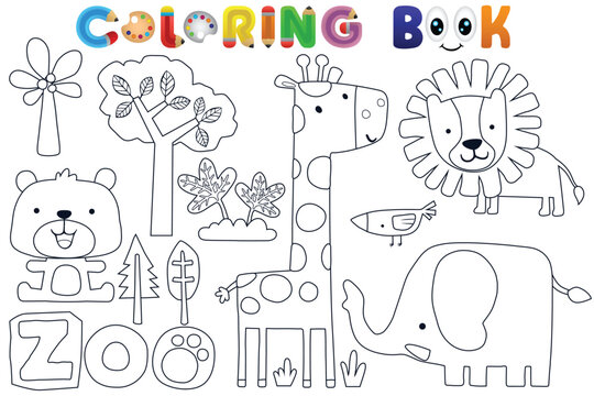 Vector coloring book with wildlife animals cartoon