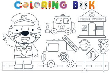 Vector coloring book with funny tiger cop and rescue team elements