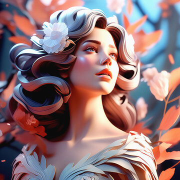 Portrait of a young sexy woman with brone, gray, and mint hair color artfully decorated, withered decorative llively green leaves tree looking like an art nouveau beautiful girl