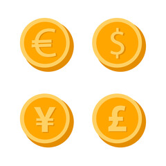 World currency coins. Currency signs of different countries. Symbols of currencies in flat style. Vector illustration.