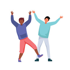 Two young men celebrating,  Friends showing positive emotions, victory or success concept vector illustration.