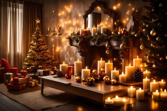 A festive Christmas living room adorned with shimmering ornaments, illuminated by the soft glow of decorative candles 