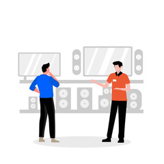 Man sale TV concept at electronics store or shop. Consultant and assistant gives advice to buyer. Commerce and marketing, business.  flat vector illustration