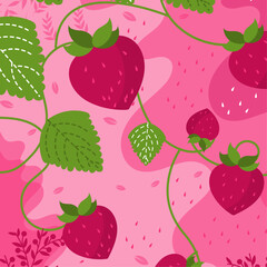 Strawberry abstract seamless pattern on pink background for typography, textiles or packaging design. vector illustration