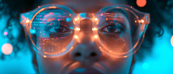 Portrait woman wearing high technology glasses with Data line icon on eyeglasses on woman's face, generative ai