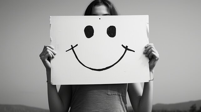 A woman stands confidently holding an oversized sign featuring a bold smiley face, presented in a black and white contrast.