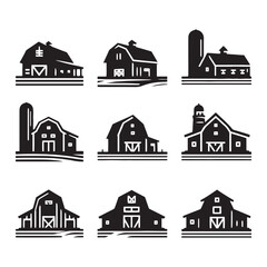 Silhouetted Tapestry: Farm Silhouette and Barn Silhouette Creating an Artistic Rural Tapestry - Barn Illustration - Farm House Vector
