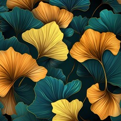 luxury gold and turquoise color ginkgo leaves illustration