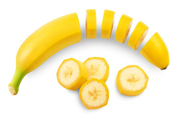 Banana isolated. Sliced banana and slices on a transparent background, top view.