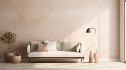 Interior of modern living room with beige wall, sofa and lamp.