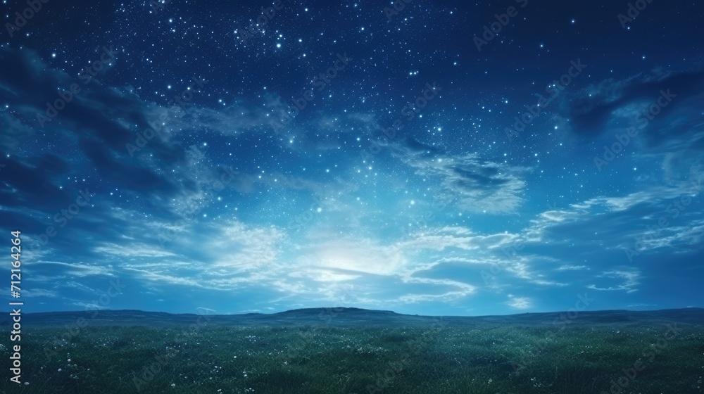 Wall mural panorama meadow with dark blue starry night sky background