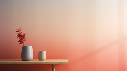 Minimalist orange white interior design in 3D rendering with vase and table.