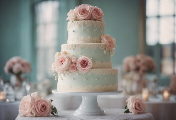 An exquisite classic wedding cake beautifully decorated with soft pink roses and delicate white frosting beads, presented on a white cake stand amidst a romantic table setting