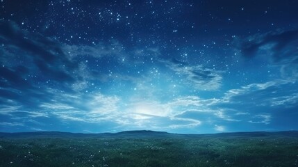 Panorama meadow with dark blue starry night sky background - obrazy, fototapety, plakaty