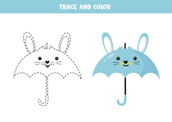 Trace and color cute umbrella in shape of blue rabbit. Worksheet for kids.