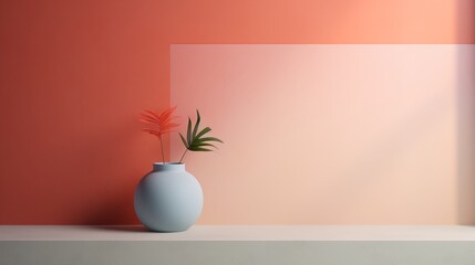 Vase with plants in the interior on a pink and orange background.