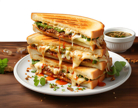 Sandwich with ham, cheese, tomatoes, lettuce, and toasted bread. Above view isolated on png background.
