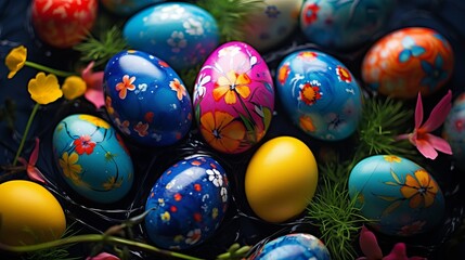Fototapeta na wymiar Easter background with painted eggs with colorful patterns