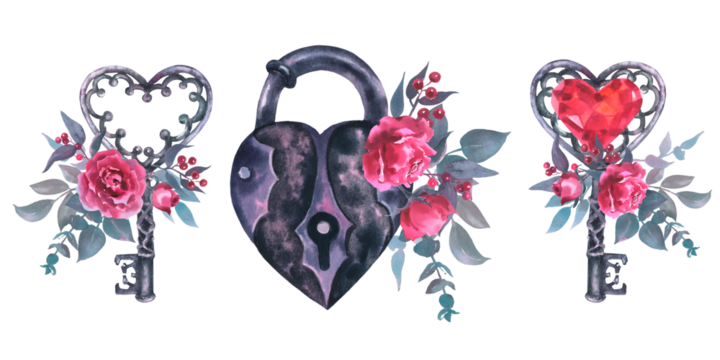 Watercolor illustration of a lock and key with viva magenta roses, buds, leaves, eucalyptus, and red berries in vintage style. Cool print on T-shirt, Tattoo, vintage, Valentine day, wedding - Powered by Adobe