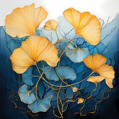 gold color ginkgo leaves on dark blue painting