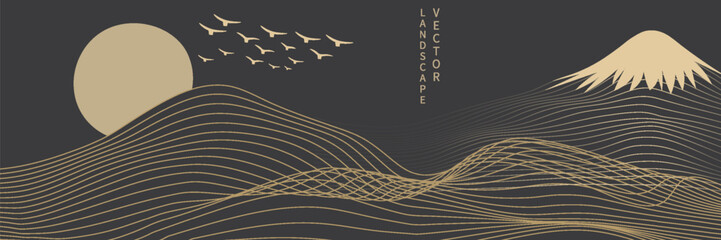 Vector abstract art landscape mountain with birds and sunrise sunset by golden line art texture isolated on dark grey black background. Minimal luxury style for wallpaper, wall art decoration.