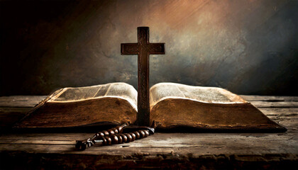 Closeup of a wooden religious cross and a rosary beads, old Holy Bible, above an old wooden table...