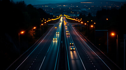 Fototapeta na wymiar photograph of a road in the foreground, in the distance and out of focus a car approaches with its lights on, night photo. traffic, safety concept. Do not drink and drive