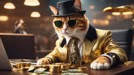 Foto auf Leinwand Cool rich gangster boss cat hipster with sunglasses, hat, headphones, gold chain and money dollars. Business, finance, creative idea. Crypto investor cat is holding a lot of money © Xabi