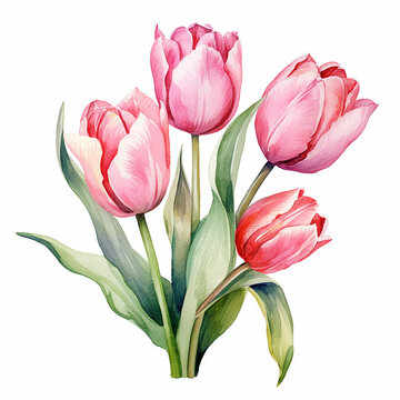 Bouquet of pink tulips isolated on white background. Watercolor illustration