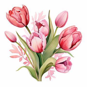 Bouquet of pink tulips isolated on white background. Watercolor illustration