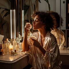 A woman in a silk robe applying a luxurious night cream, her skin glowing under the warm light of her vanity, surrounded by elegant skincare bottles