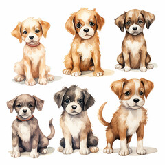 Set of cute puppies isolated on white background. Watercolor illustration.