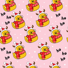 Rubber duck in a santa claus costume seamless pattern on a pink background. Vector illustration. Christmas card