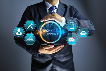 technical support concept with businessman holding a customer service information icon after sale service such as repair, newsletter e-mail, question and answer, on site services 24 hour in 7 day - obrazy, fototapety, plakaty