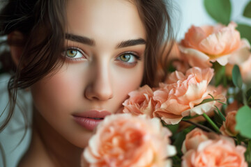Beautiful woman with pink roses. portrait of pretty woman with perfect skin touching face near roses. Closeup woman's portrait with flowers. Young caucasian gorgeous attractive girl. Model. Vivid make