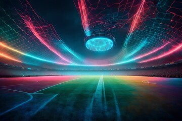 a mesmerizing spectacle—a textured soccer game field enveloped in a neon fog swirling dramatically at the center and midfield.  - obrazy, fototapety, plakaty