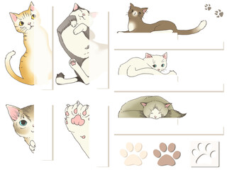 手描き線画の猫のインデックス素材セット（カラー）