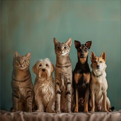two cats and three dogs posing for family portret