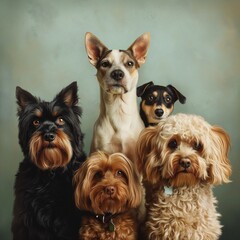 group of dogs posing for picture on a pale green wall
